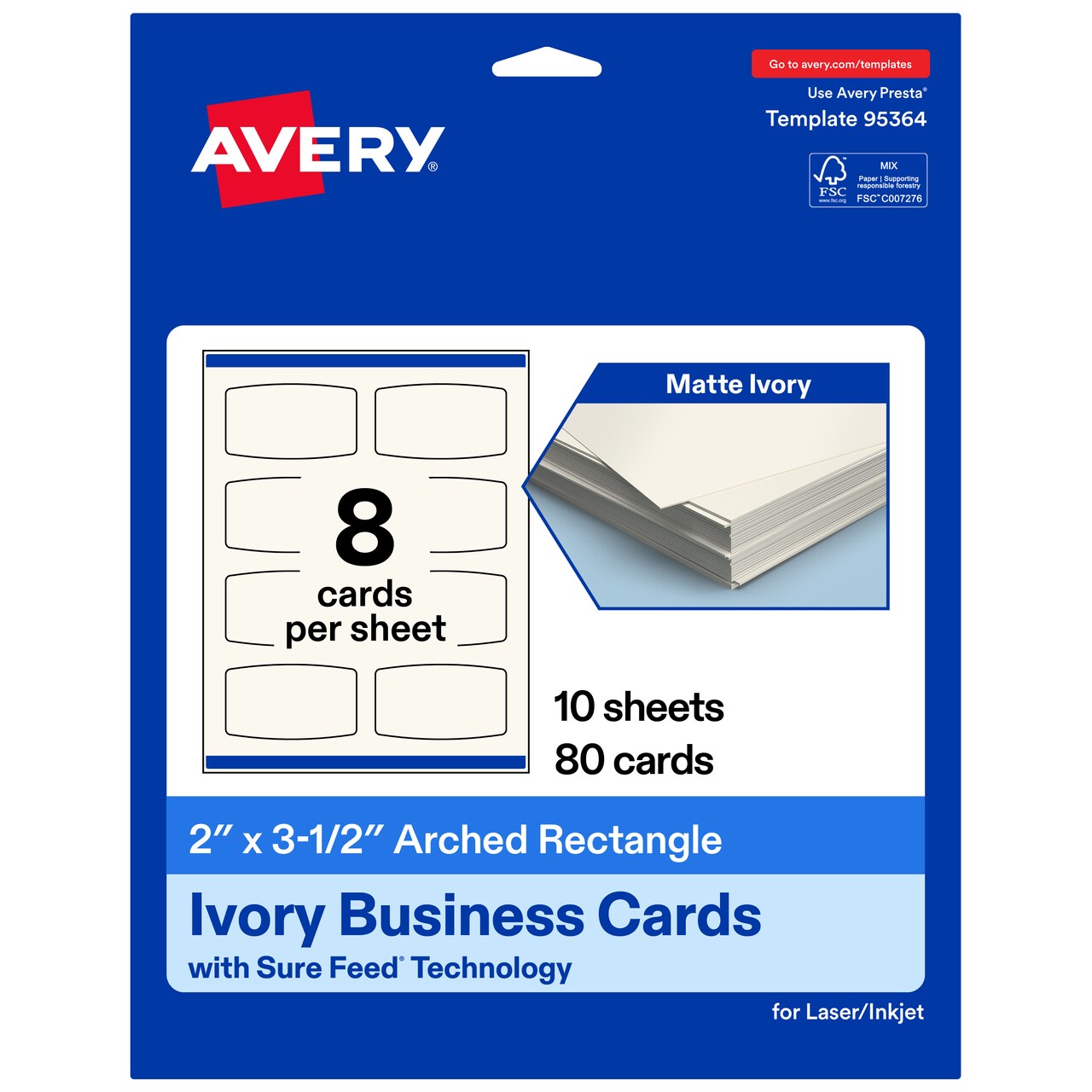 Avery Printable Arched Rectangle Business Cards, Sure Feed Technology, 2" x 3-1/2", Matte Ivory Cardstock, Print-to-The-Edge, Laser/Inkjet Printable, 80 Total
